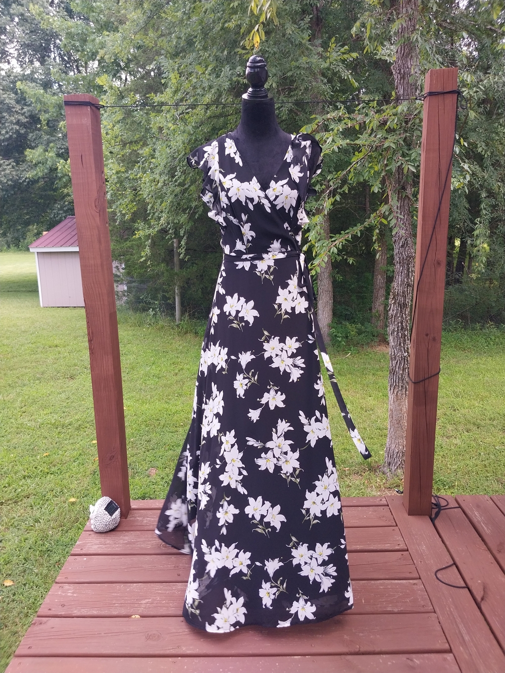 Black Floral Wrap Maxi Dress with White Blossom Print
